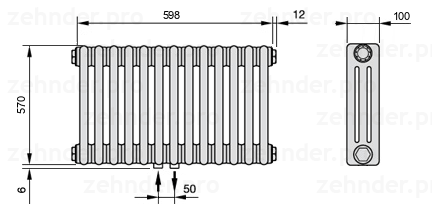 Схема (чертеж) Радиатор Zehnder Charleston 3057/13 №3470 Белый глянцевый RAL 9016